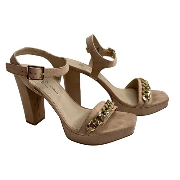 Chinese Laundry Beige Sandals High Heel Open Toe Gold Chain Accent Sexy Vacay 10 - Picture 1 of 6